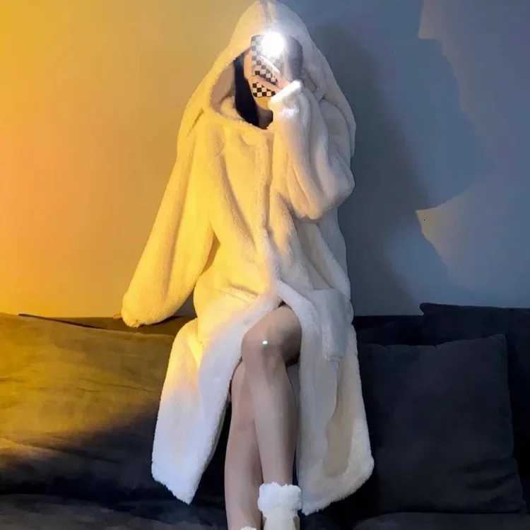 Cartoon Cute Coral Fleece Hooded Robe Womens Winter MidLength Loose Warm Velvet Bathrobe Nightgown Home Clothes Y251013