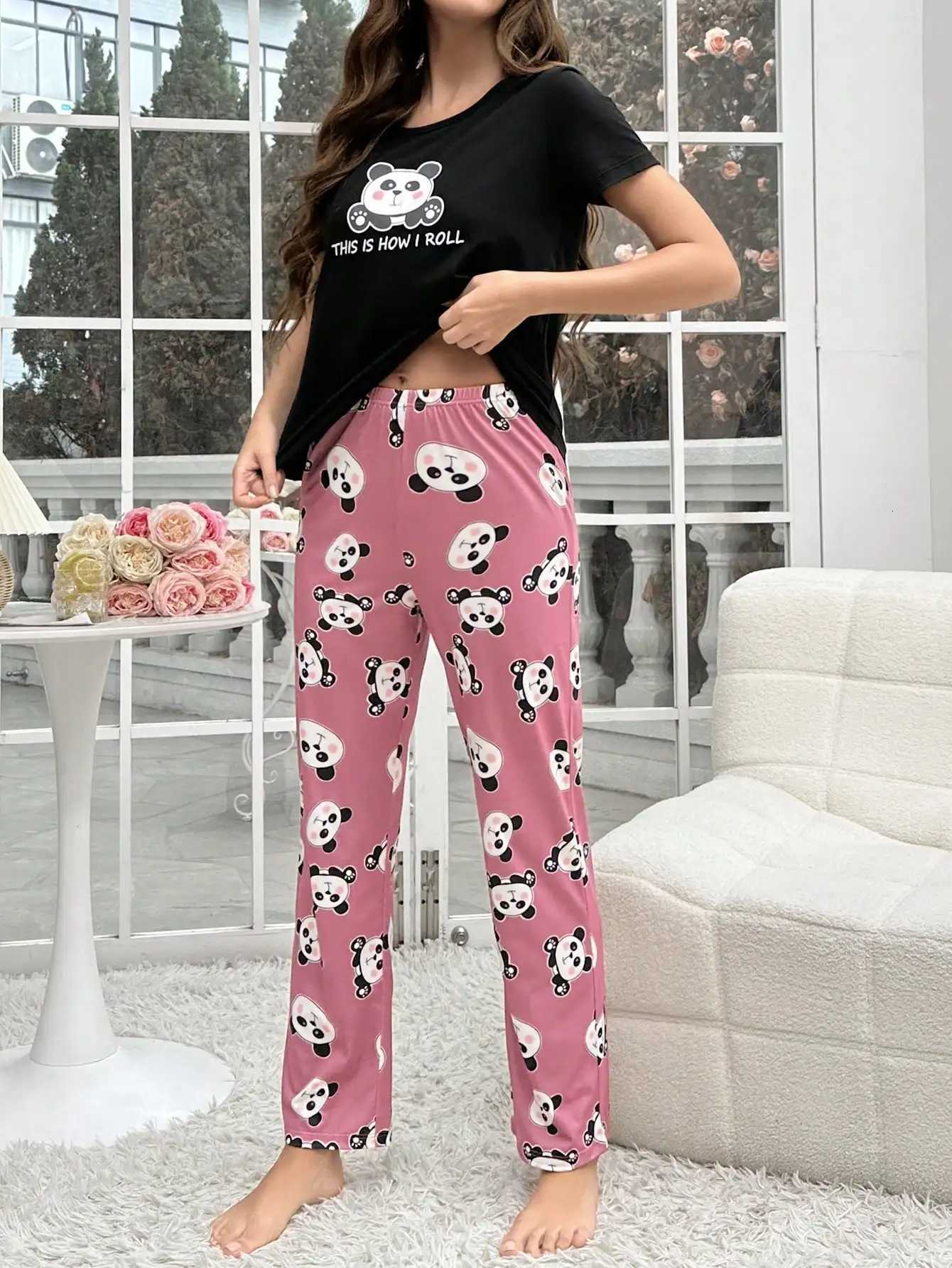 2Piece Womens Pajama Set Animal Print ShortSleeved Pants SetT251014