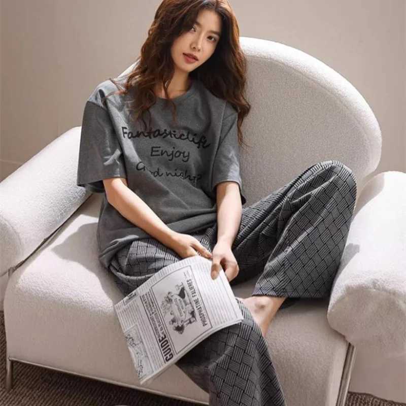 Womens Fall and Winter Pajamas ShortSleeved Pants Suit Sleepwear Homewear Letters Strawberry Plaid Pants Nightwear LoungewearT251014