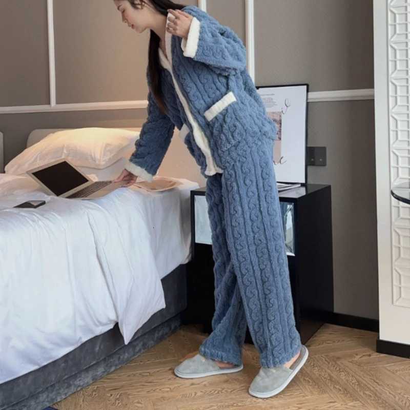 2pcsSet Autumn and Winter Pajamas Women Thickened Padded Warm Students Coral Girls Clot Velvet Suit Homewear Cardigan TrousersT251014