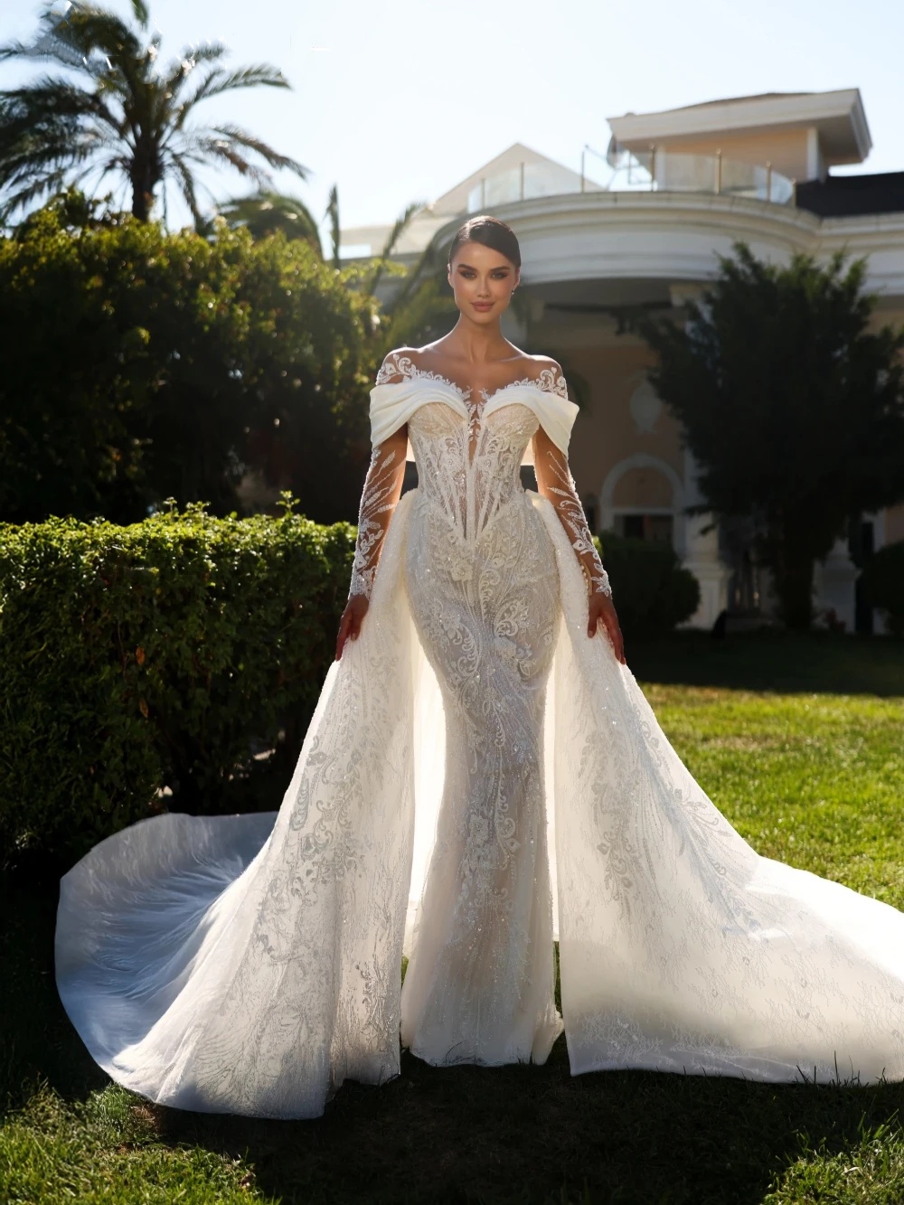 Fashion Wedding Dresses O Neck Sequins Bridal Gowns with Overskirts Appliques Long Sleeves Mermaid Customized Vestidos De Novia Plus Size