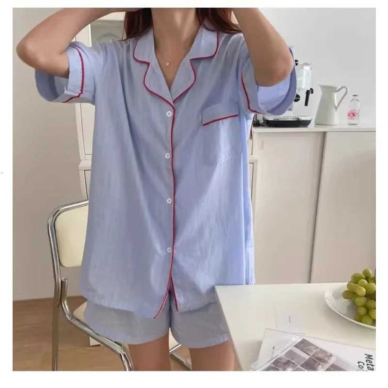 Womens Striped Solid Color Pajamas Short Sleeve Shorts Cardigan with Lapel Student Homewear TwoPiece Set Girl SleepwearT251014