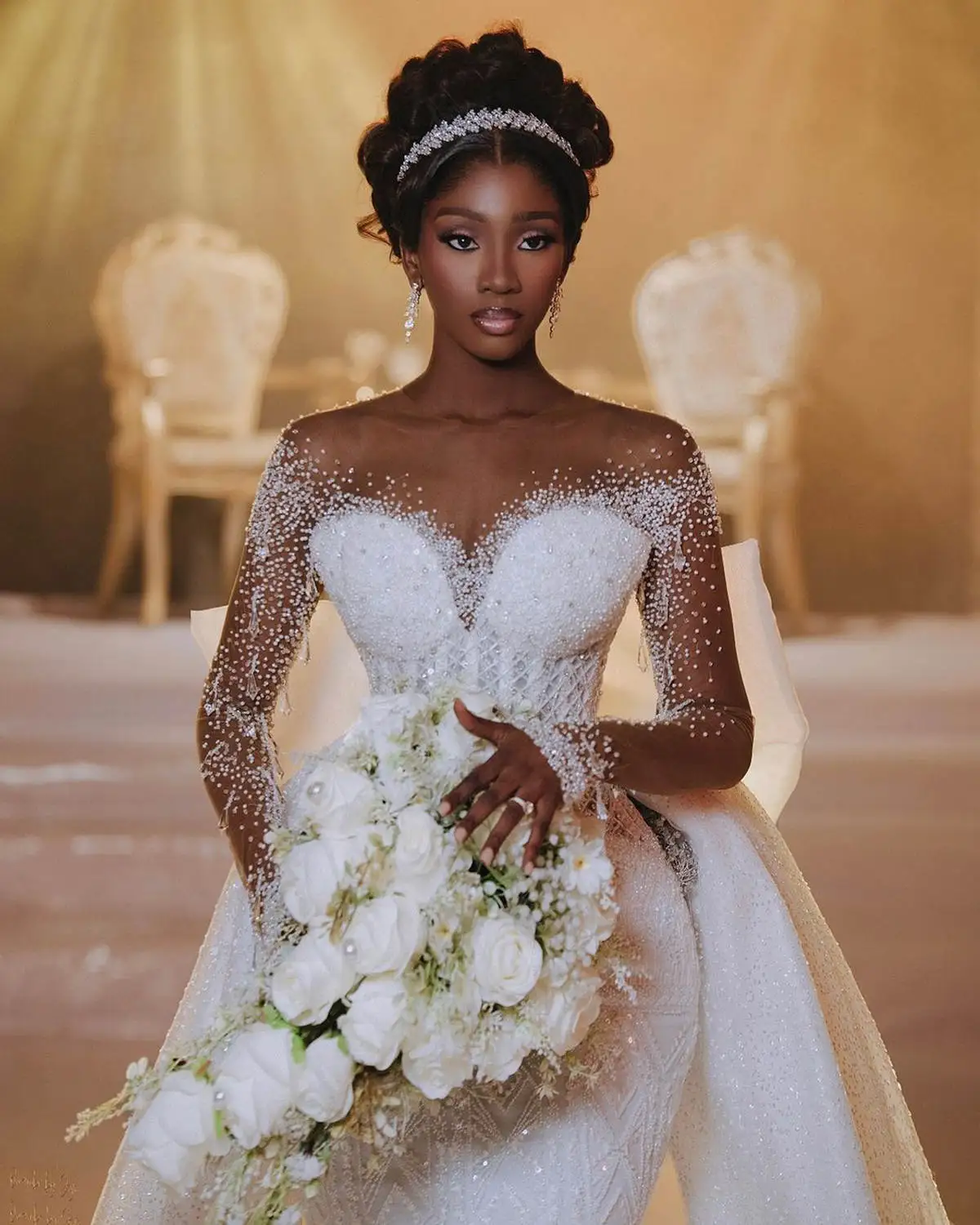 Elegant Mermaid Wedding Dress Beading Rhinestone Bridal Gowns Sweep Train Illusion Sleeves Bride Dress Plus Size Customized
