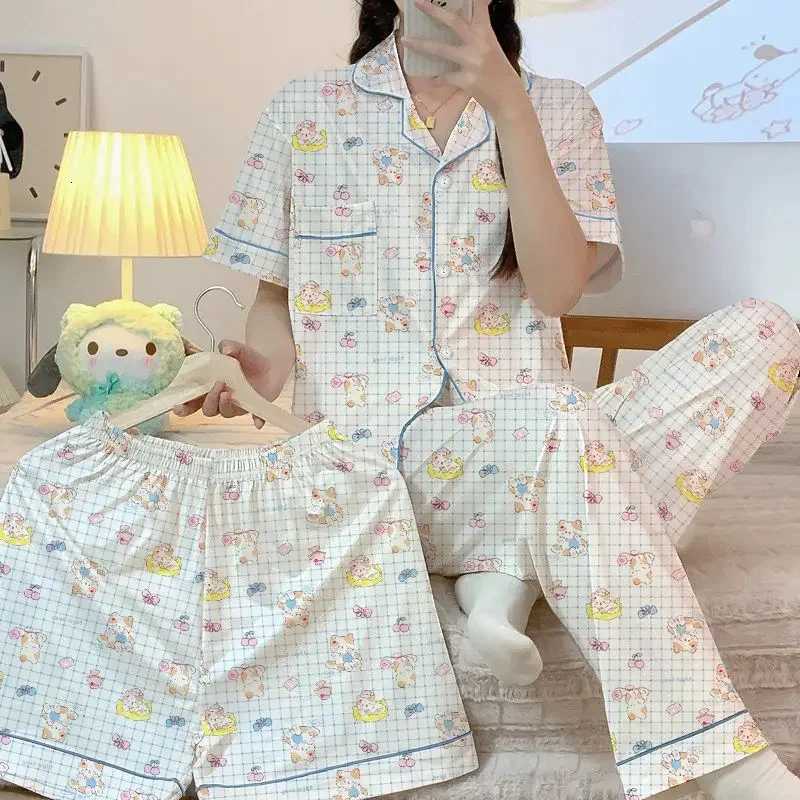 New Pajamas Female Summer Fashion Print ShortSleeved Homewear Suit Korean Cartoon Sweet and Lovely Ladies Homewear 3 PC PajamasT251014