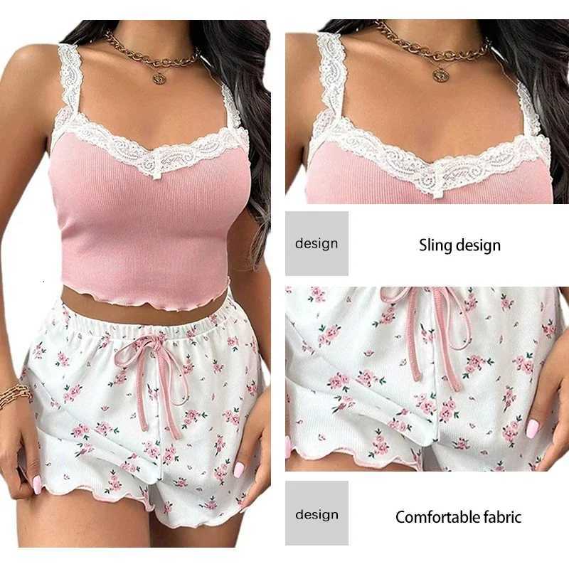 Womens TwoPiece Summer Ribbed Knitted Flower Print Lace Trimmed Camisole Vest and Bow Shorts Sexy Pajama SetT251014