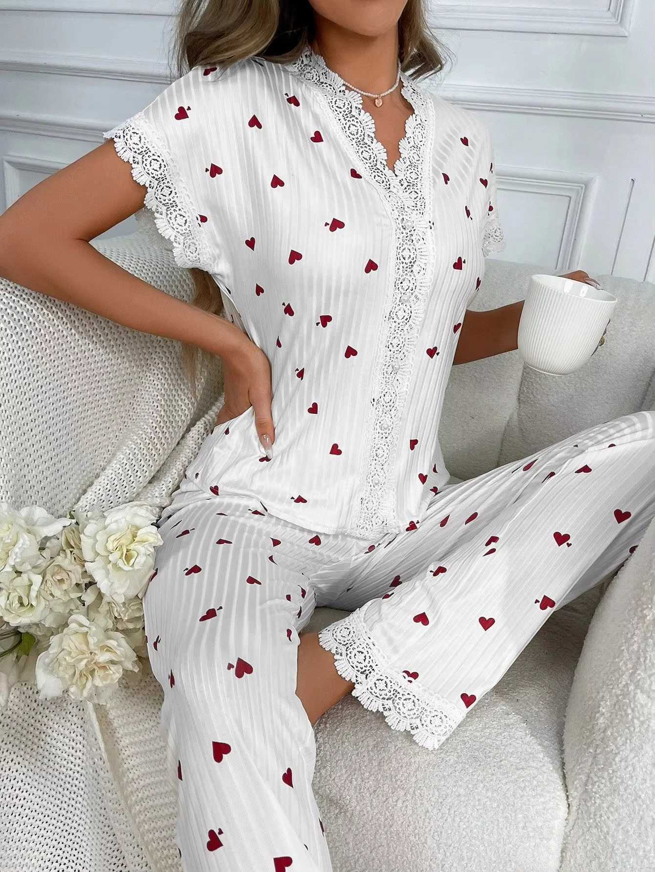 Lace Trim Women Pajama Set Short Sleeve Front Button Top FullLength Pants Cherry Print 2 Pieces Sleepwear Nightwear HomewearT251014