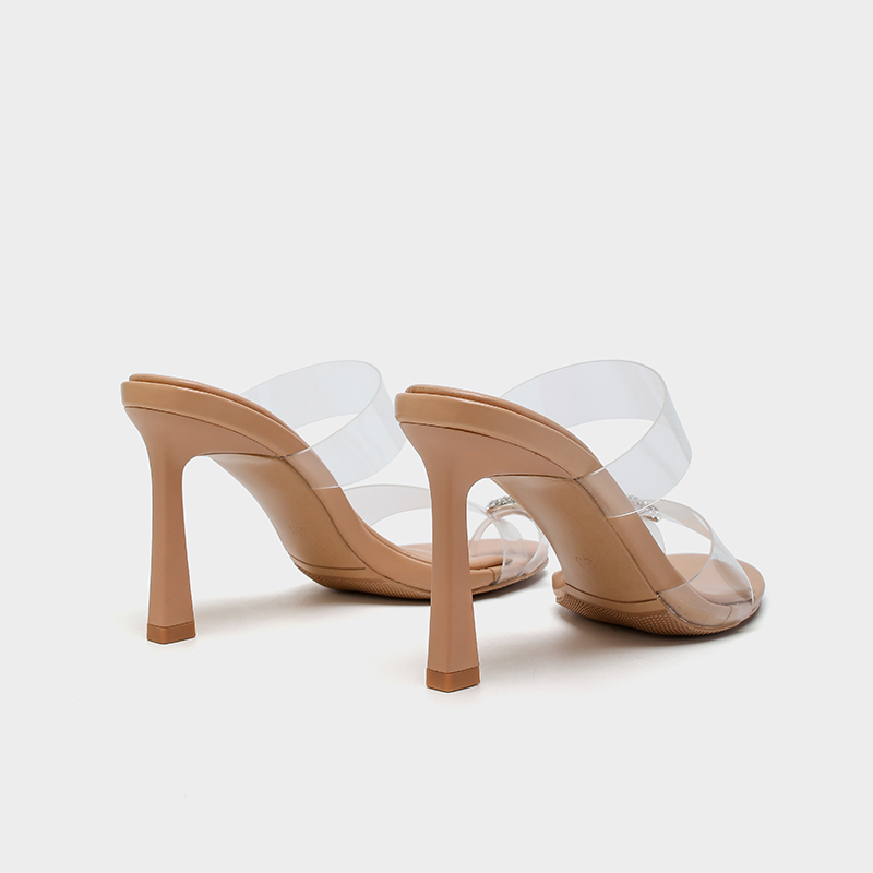 Women's Fashion Clear Strap Rhinestone-Embellished Stiletto Heel Mules - Apricot Pointed Toe Slip-On High Heels-36231