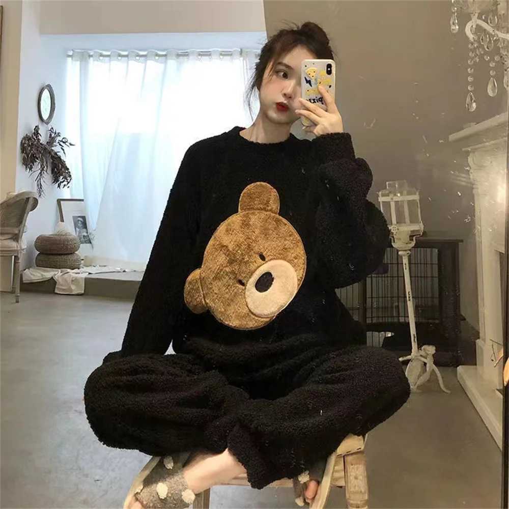 Autumn Winter Pijamas Kawaii Pajama Sets Women Cartoon Sweet Bear Flannel Sleepwear Girl Pijama Mujer Night Suits Homewear 2023T251014