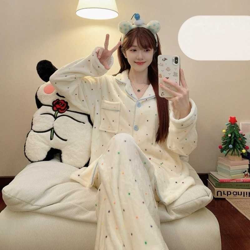 Autumn Winter New Pajamas Lapel Neck Long Sleeve Colourful Dot Print Warm Sleepwear Thick Casual Pajamas Coral Fleece TwoPiece Y251013