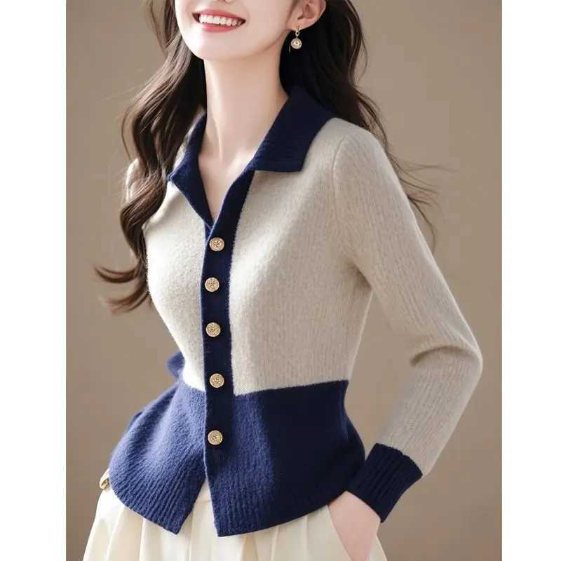 2024 Patchwork New Autumn Winter Knitting Cardigan Sweater Coat Fashion Allmatch Long Sve Temperament Top Tee Womens W251014