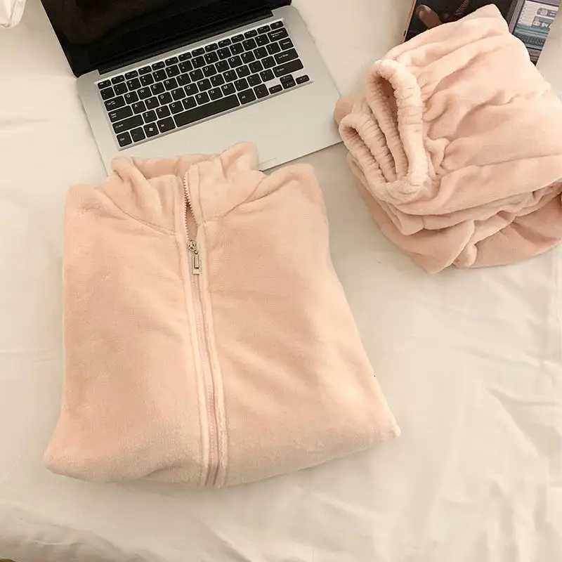 Fleece Sleepwear Women Zipper Pajama Sets Winter Piiama Warm Pants Sets 2 Pieces Solid Night Wears Long Sleeve Korean Home Suit Y251013