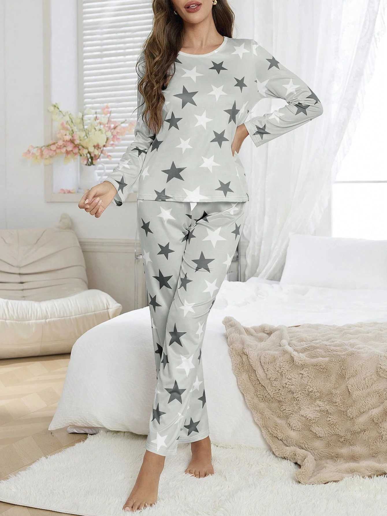 Womens FourSeason Spring and Summer LongSleeved Pajamas Casual Comfortable and Cute StarPrinted LongSleeved Pants Set for WomenT251014