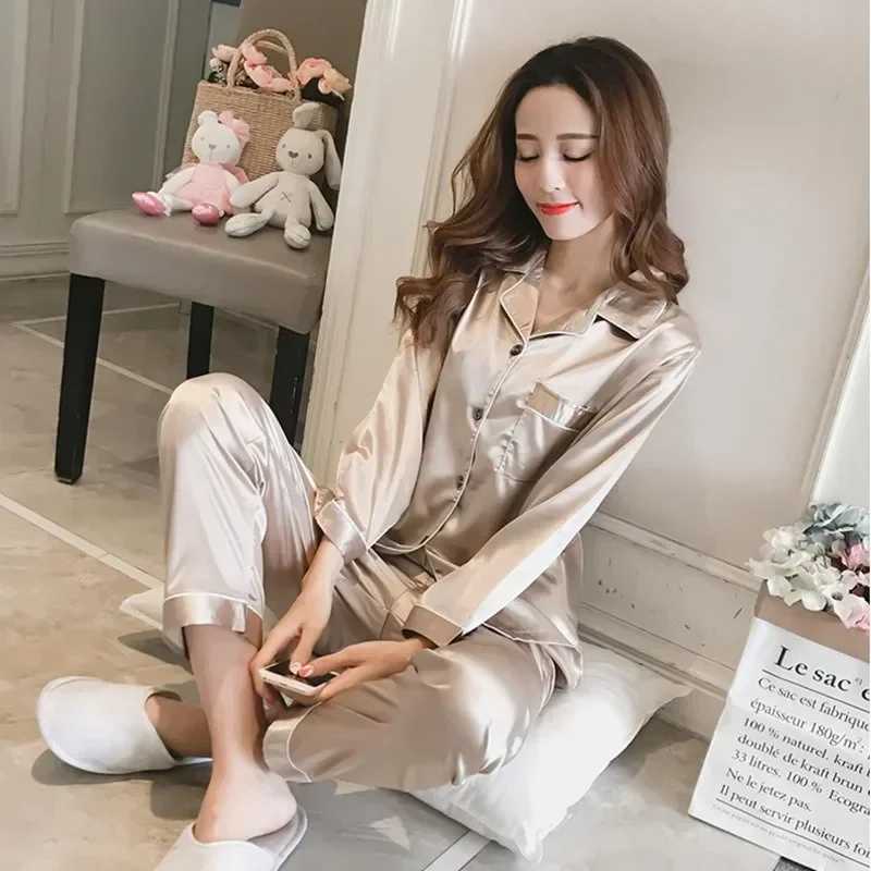 Silk Pajamas for Women 2025 Sexy Silk Women Pijama Sets Sleepwear Longsleeve Cardigan Female Ice Silk Home Pijama Mujer VeranoT251014
