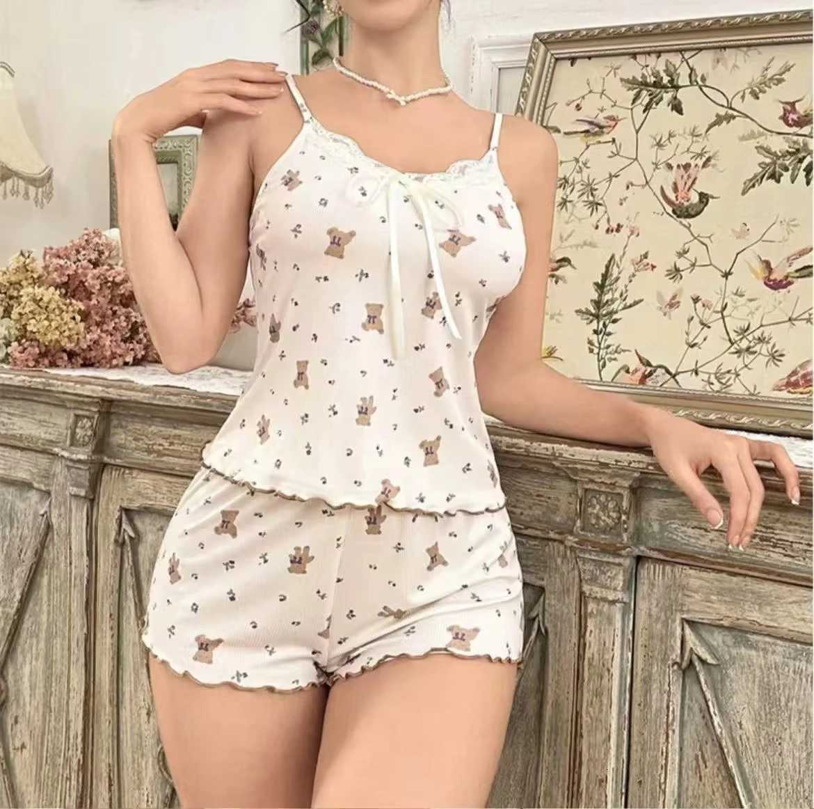 Y2K Cute Teddy Bear Ribbed Pajama Set Womens Cami Top and Shorts Two Piece Loungewear Lace Trim Lettuce Hem Sleepwear Bow NewT251014