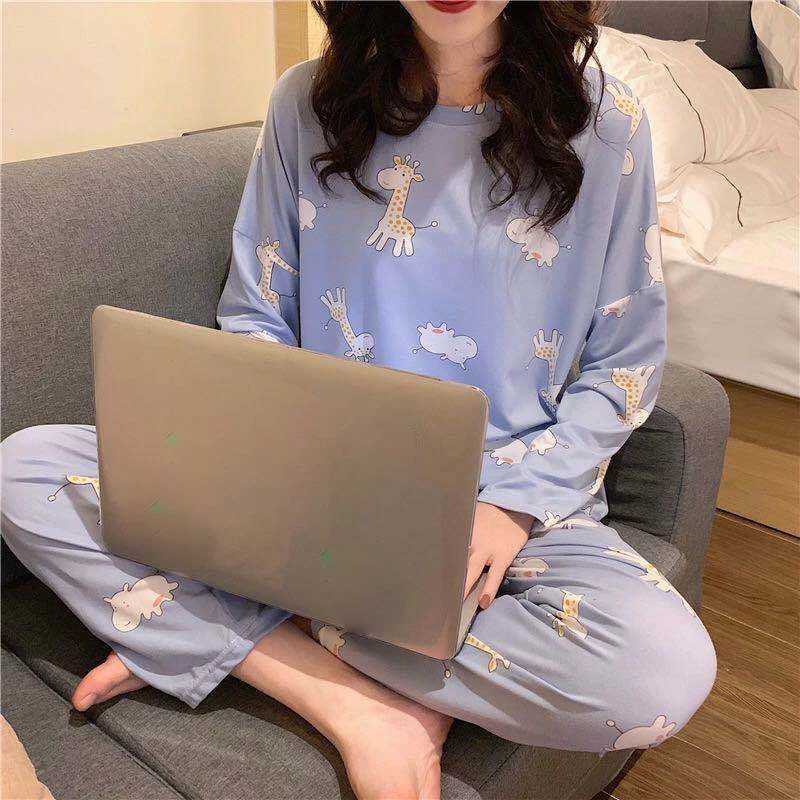 Cute SpringAutumn Big Size Womens Pajamas Set Sleepwear for Sleeping Long Sleeve Nightie Home ClothesT251014