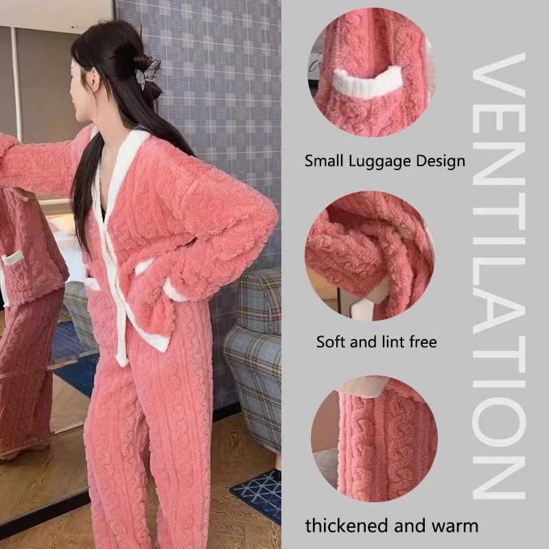 2pcsSet Womens Winter Pajamas Padded Thickened Warm Pocket Models Plus Size Loose Korean Coral Fleece School pajamas Homewear Y251013