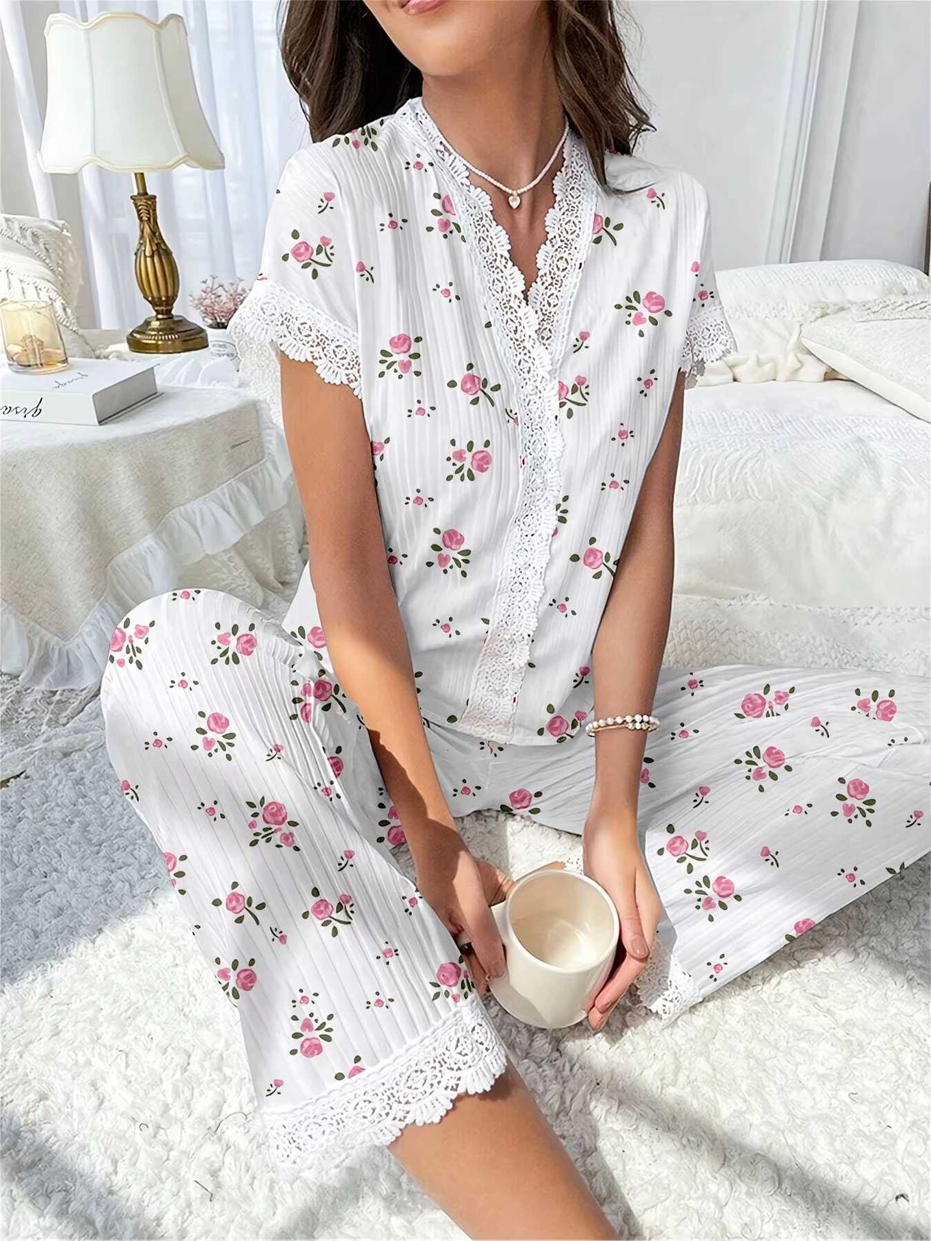Lace Trim Women Pajama Set Short Sleeve Front Button Top FullLength Pants Cherry Print 2 Pieces Sleepwear Nightwear HomewearT251014