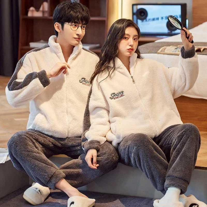 Coral Fleece Pajamas Couple Autumn and Winter Student Womens Thickened Warm Mens Flannel Loose Zipper Homewear Set pyjamasT251014