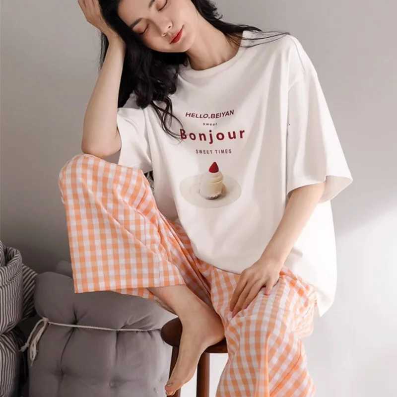 Womens Plus Size Pajamas Short Sleeve Letters Strawberry Plaid Trousers Student Nightwear Homewear Ladies Sleepwear LoungewearT251014