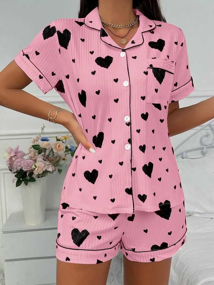 Heart Print Pajama Set Casual Short Sleeve Buttons Lapel Top Elastic Shorts Womens Sleepwear breathable soft Nightwear HomeweT251014