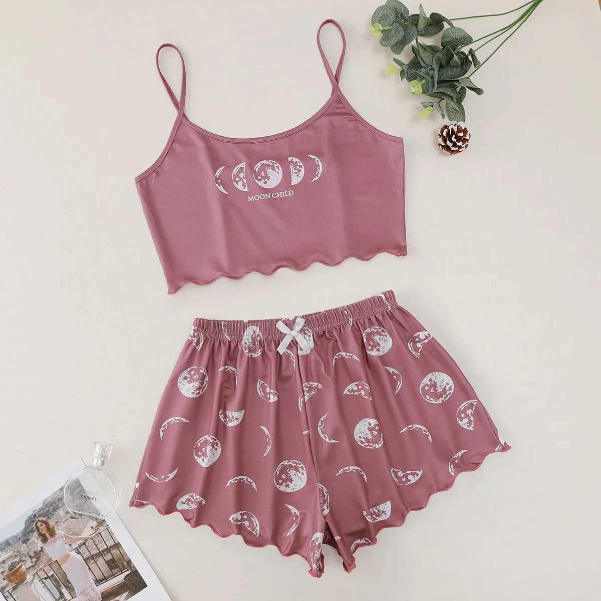 Women Pajamas Sleepwear Pajama Set Sports Camisole and Shorts Pink Black Moon and Planet Print Summer Comfortable Casual SuitT251014