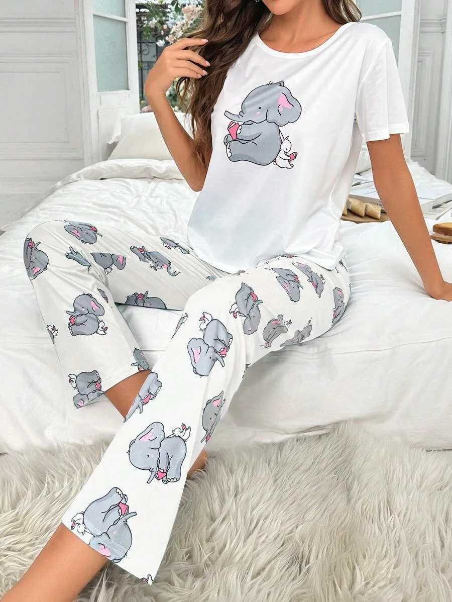 Womens new style small elephant rabbit pattern short sleeve cartoon trousers casual pajamas setT251014