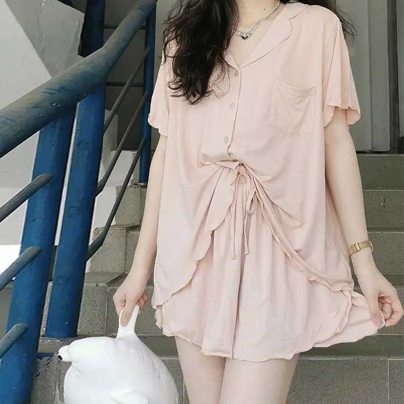 Women Frech Style Pajamas Set Female Solid Ruffles Short Sleeves Pant Home Suit Girl Loose Casual Sweet Loungewear Plus Size 4XLT251014