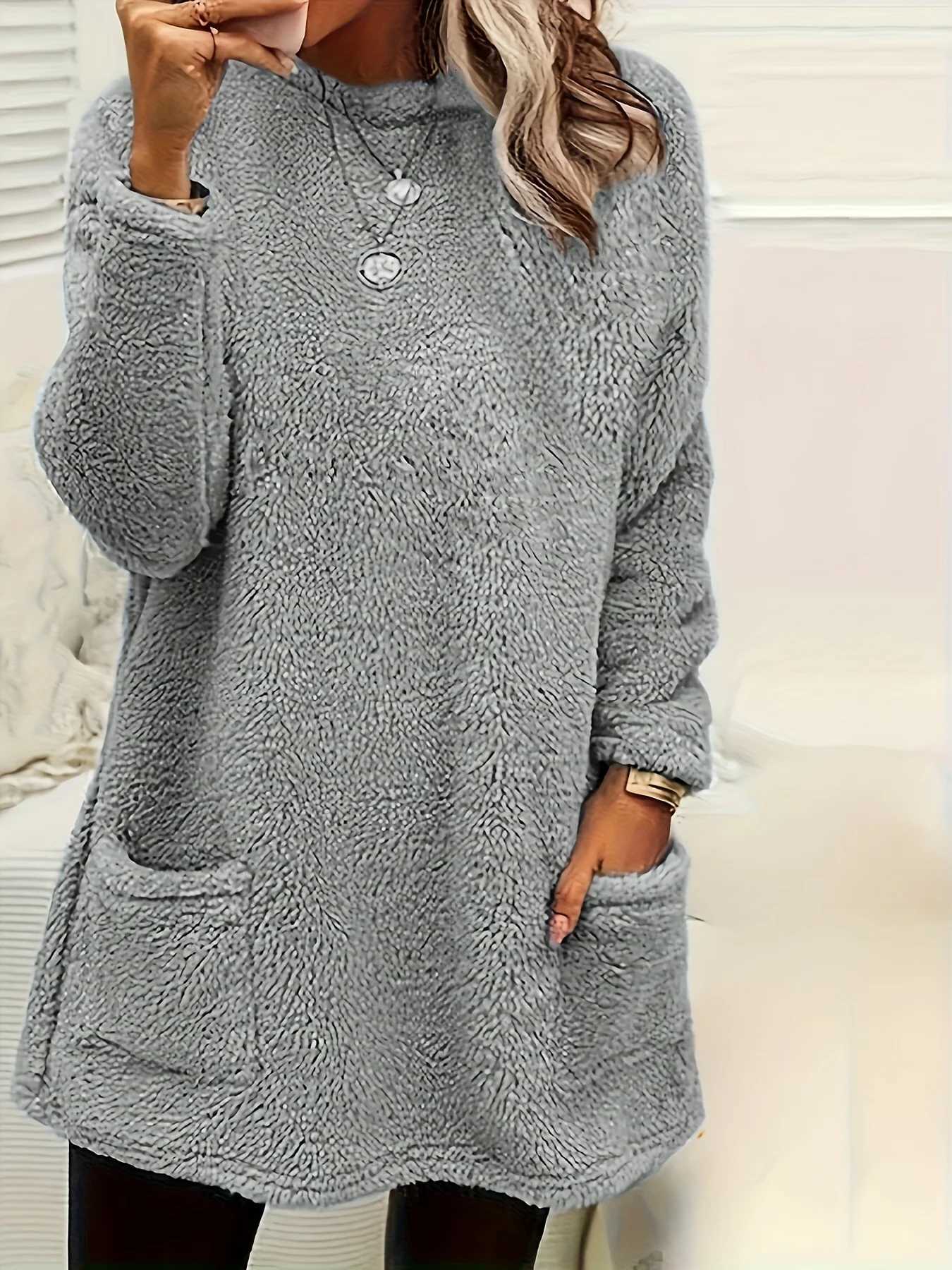 Plus Size Women Fleece Sweatshirt Solid Round Neck Soft Warm Sweater Casual Winter Long Sleeve Pullovers Y251013