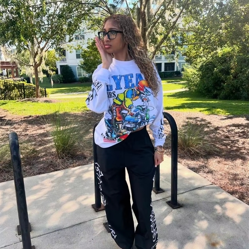 High Street Retro Fashion Fashion Long Sleeve Anime Motorcycle Printed Y2k Harajuku Leisure Sports Outdoor TShirt 251013