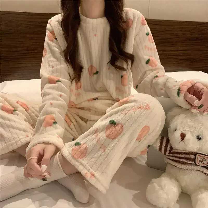 Cute Sweet Coral Fleece Thick Long Sleeve Sleepwear Set for Women Autumn Winter Home Clothes Warm Cozy Outdoor Wearable Pajamas Y251013