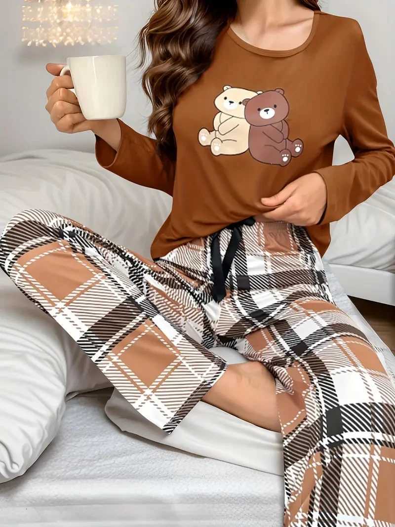 Women Pajamas Set Bear Print Top Long Sleeve Round Neck Plaid Pants Autumn Winter Loungewear Set Casual Soft Sleepwear SetT251014