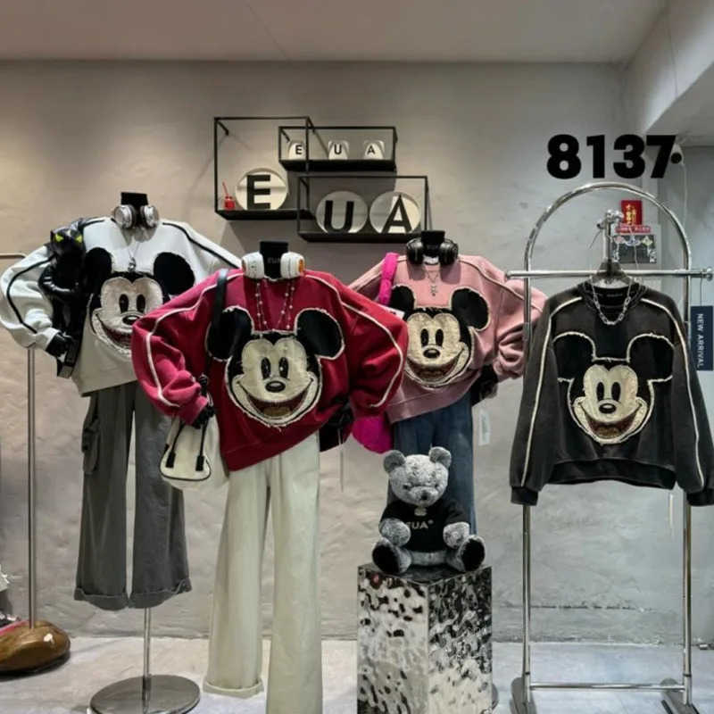 Disney Mickey Cartoon Patch Designs Hoodie Women Loose Casual Versatile Plush Pullover Korean Version Vintage Niche Sweatshirt H251014