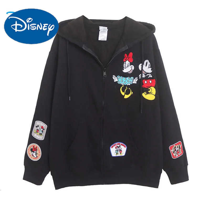 Disney Fleece Hooded Sweatshirt Mickey Minnie Mouse Embroidery Zip Up Hoodies Jacket Women Casual Cartoon Patch Jumper Top Black H251014