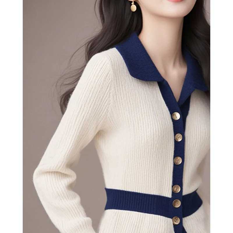 Winter Korean Corset Patchwork Turndown Collar Sweater Autumn Winter Fashion Buttons Knitting Cardigan Top Tee Women Cloeing W251014