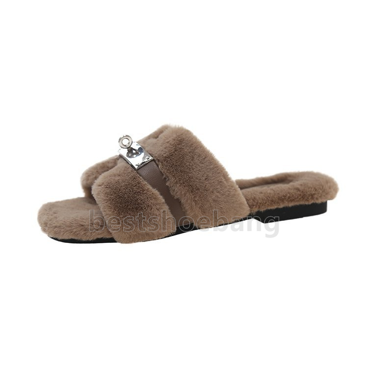 Stylish Plush sandals comfortable Fuzzy Lining slides black white khaki pink Elegant Outdoor Indoor Winter womens slippers Size 35-40