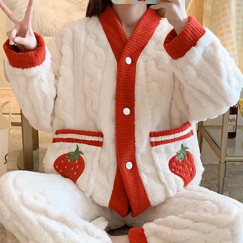 Pyjama pais en flanelle et velours corail fraise vtements de maison pour femmes ensemble de vtements de nuit col en v sa Y251013