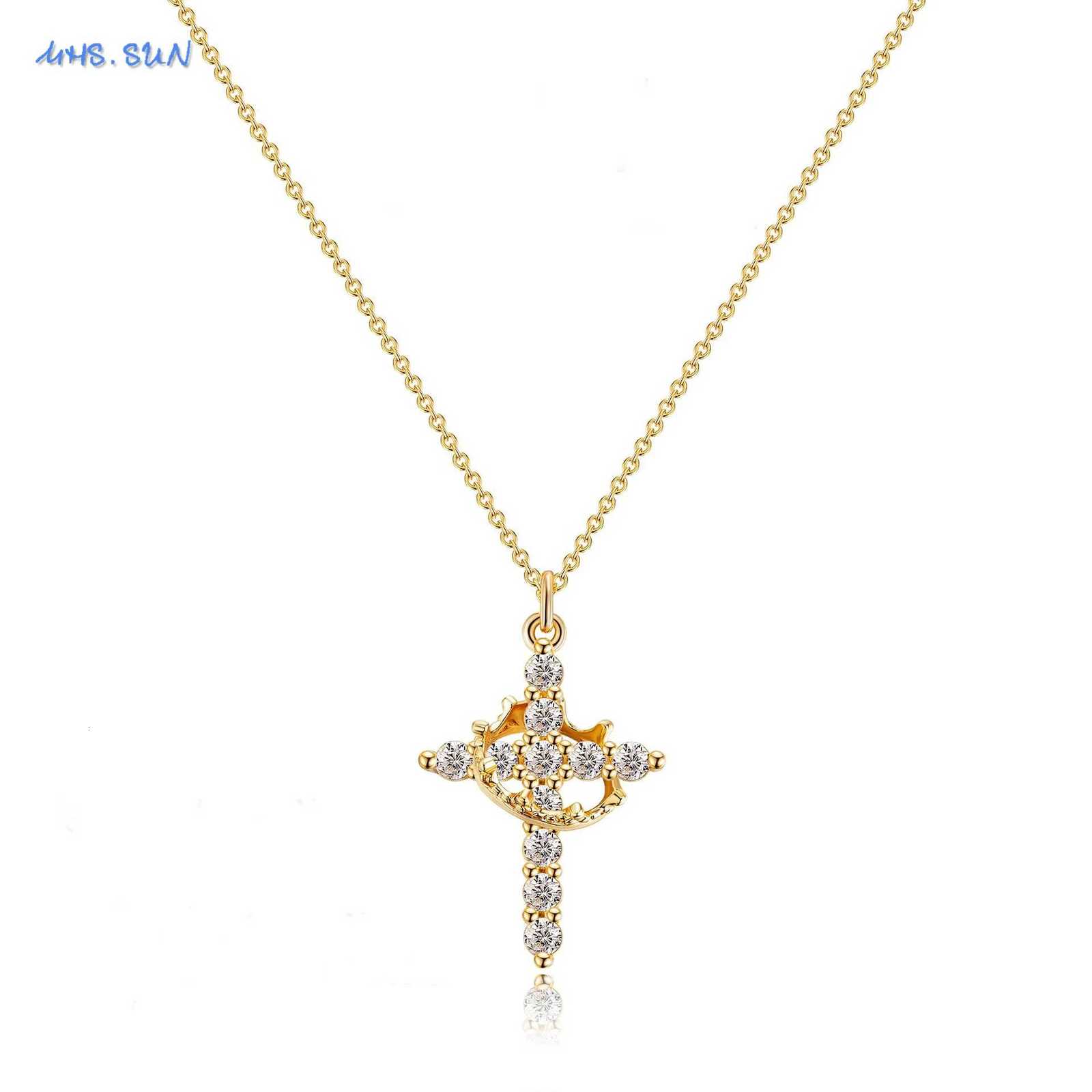 SUNSLL Cubic Zircon Rotatable Crown Cross Pendant Necklaces Classic Stainless Steel Chain Banquet Party Jewelry For Women MenW251014