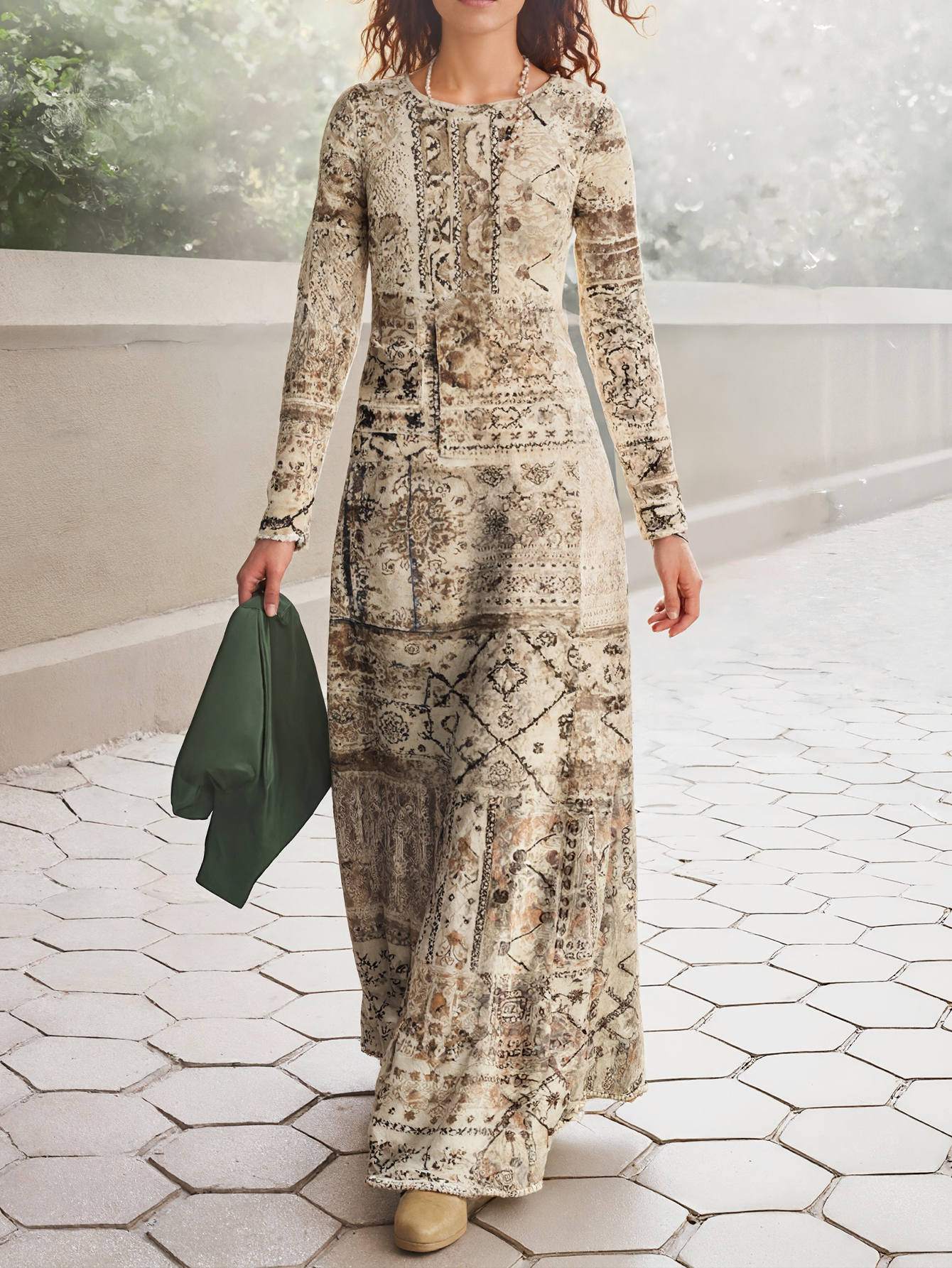 Women's Autumn Winter Fashion Mom's New Retro Khaki Ethnic Printed Maxi Dress - Suitable for Outing & Daily Wear-CF56317