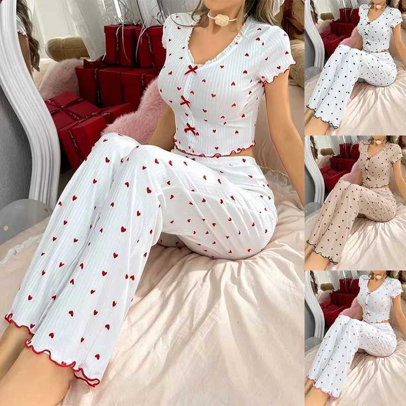 Spring Autumn Coquette Pajama Set Women Sexy Heart Print Ruffle Trim Crop Top Pants 2 Piece Y2K Aesthetic Loungewear SleepwearT251014