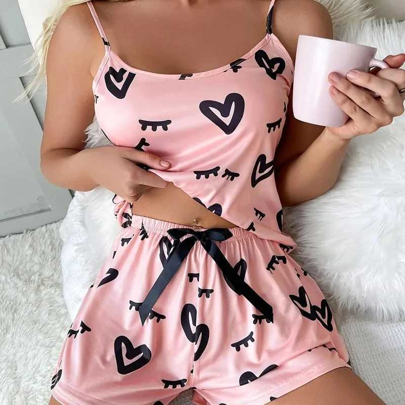 Pajama Set Women Sexy Lingerie 2 Pieces Sleepwear Fashion Heart Printed Pyjamas Silk Satin Cami Top and Shorts Sets PajamasT251014