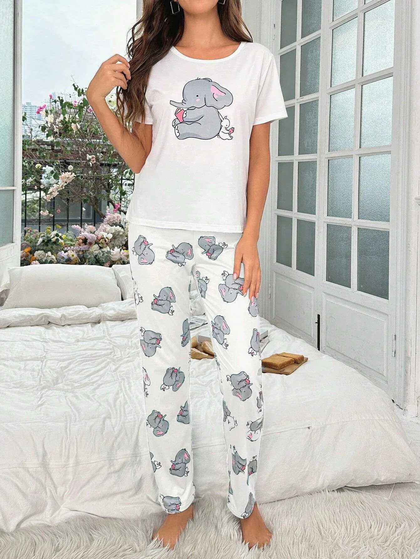 Womens new style small elephant rabbit pattern short sleeve cartoon trousers casual pajamas setT251014