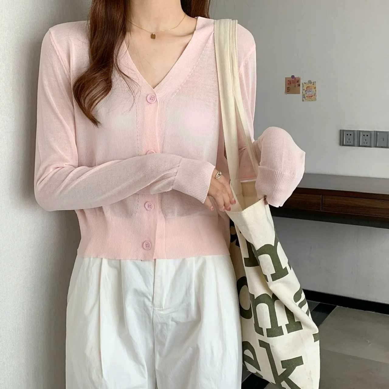 Summer V Ne Cardigan Women Casual Transparent Sweater Shirts Lady Simple in Solid Outwear Female Crop Top W251014