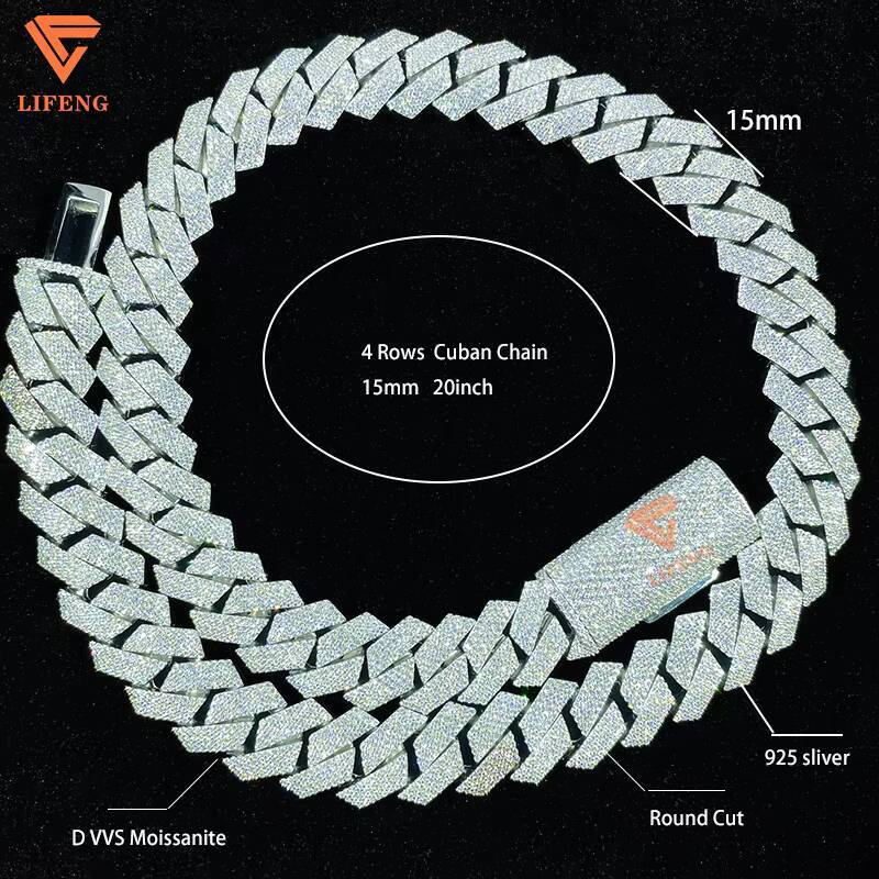 Lifeng 15mm 4row Moissanite Cuban Link Chain White Gold Plated 925 Silver Hip Hop Cuban Chain Necklace Fashion Jewelry for Men