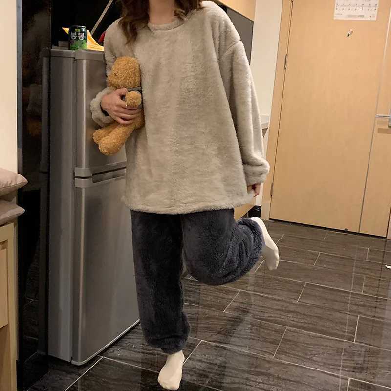 Winter Fleece Women Pajamas Set Sleepwear Solid Velvet 2 Piece Pant Home Suit Fluffy Casual Warm Flannel Night Wear Y251013