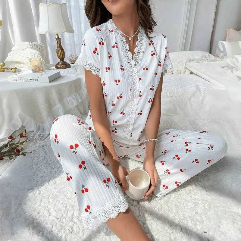Lace Trim Women Pajama Set Short Sleeve Front Button Top FullLength Pants Cherry Print 2 Pieces Sleepwear Nightwear HomewearT251014