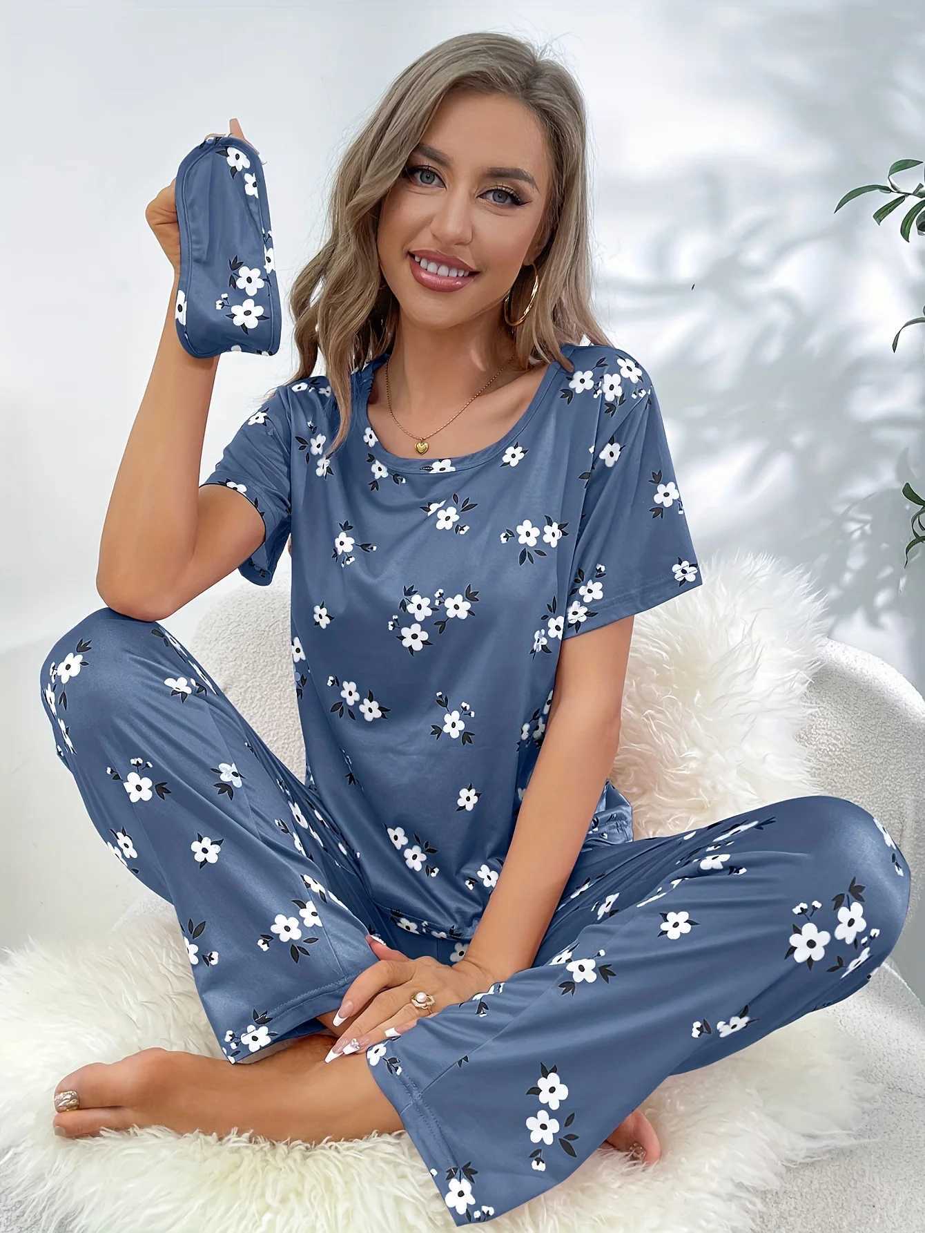 Womens Pajamas Set Milk Silk Printing Pajam Short Sleeve Round Neck Long Pants Lightweight Homewear Loungewear Floral NightwearT251014