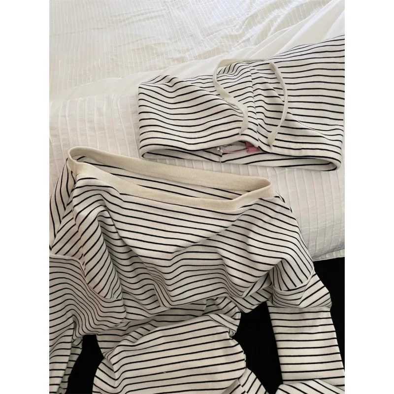 Summer New Lazy Stripe Casual Sleepwear Short Sleeve Long Sleeve Home Clothes Set for Women Comfortable Breathable PajamasT251014