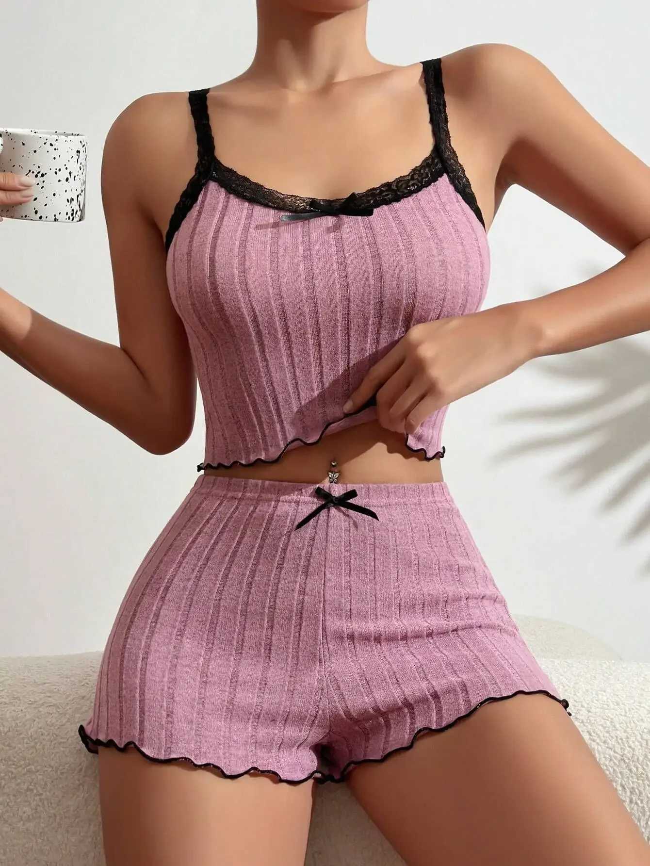 Spring Summer New Sling Pajamas Set for Women Sleepwear Homewear Female Sense Lace Crop Tops and Shorts Pijama LoungewearT251014