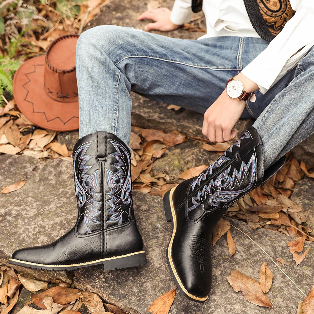 Mens creative pattern embroidered retro rope boots widetoed mens cowboy boots hightop riding 251023ww