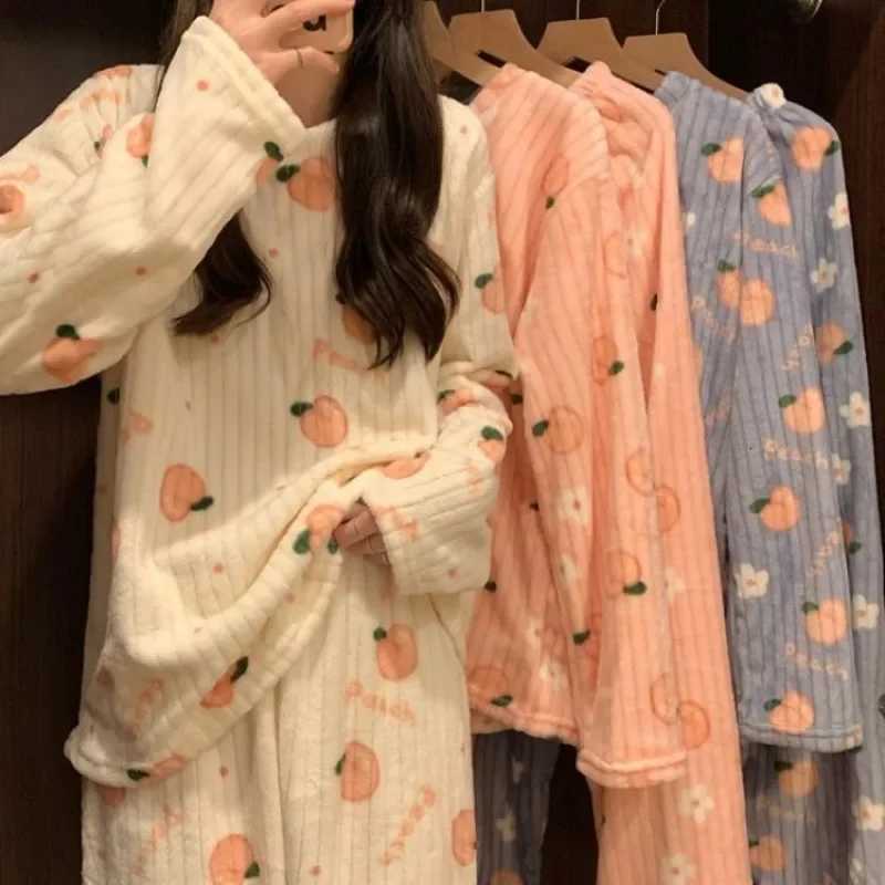 Cute Sweet Coral Fleece Thick Long Sleeve Sleepwear Set for Women Autumn Winter Home Clothes Warm Cozy Outdoor Wearable Pajamas Y251013